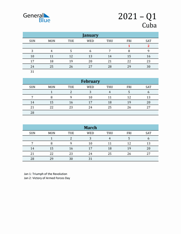 Three-Month Planner for Q1 2021 with Holidays - Cuba