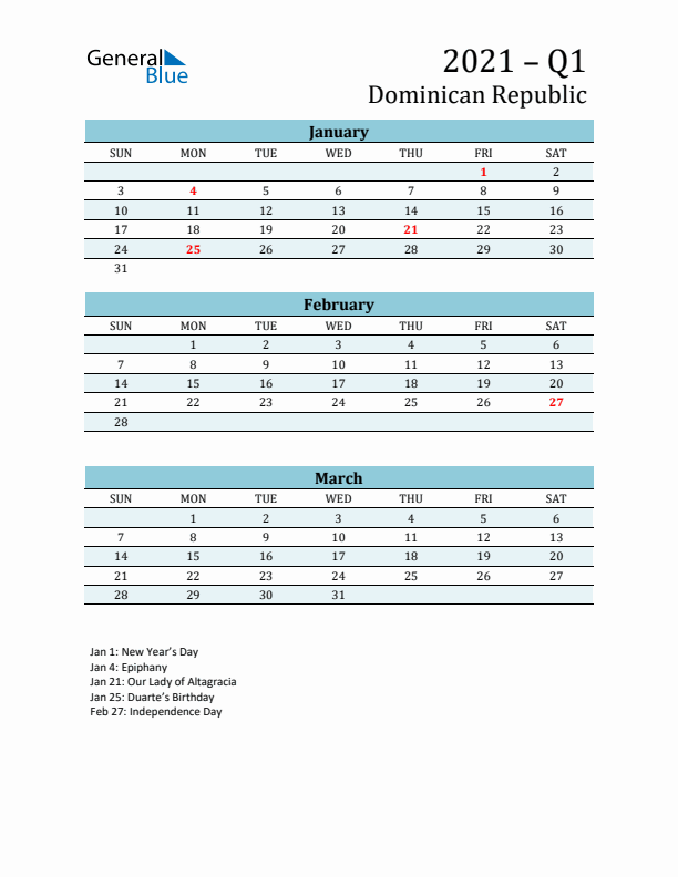 Three-Month Planner for Q1 2021 with Holidays - Dominican Republic