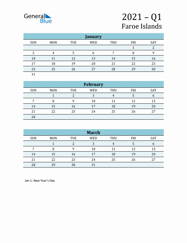 Three-Month Planner for Q1 2021 with Holidays - Faroe Islands