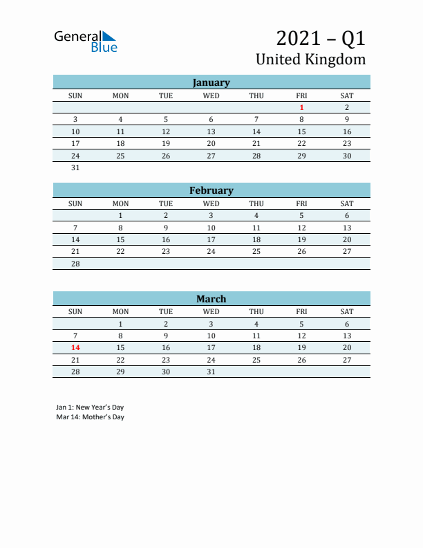 Three-Month Planner for Q1 2021 with Holidays - United Kingdom