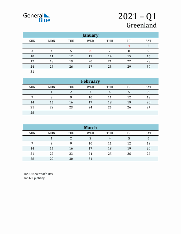 Three-Month Planner for Q1 2021 with Holidays - Greenland