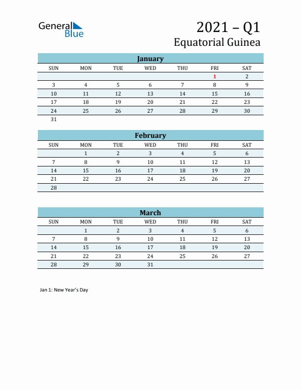 Three-Month Planner for Q1 2021 with Holidays - Equatorial Guinea