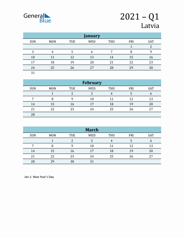 Three-Month Planner for Q1 2021 with Holidays - Latvia