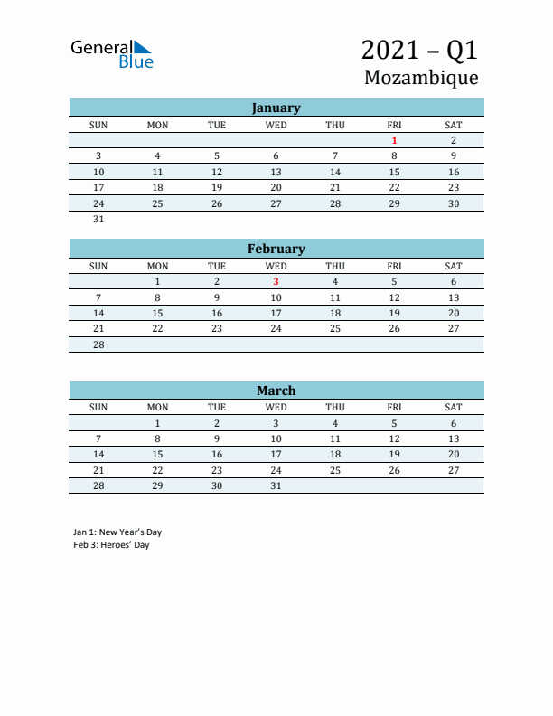 Three-Month Planner for Q1 2021 with Holidays - Mozambique