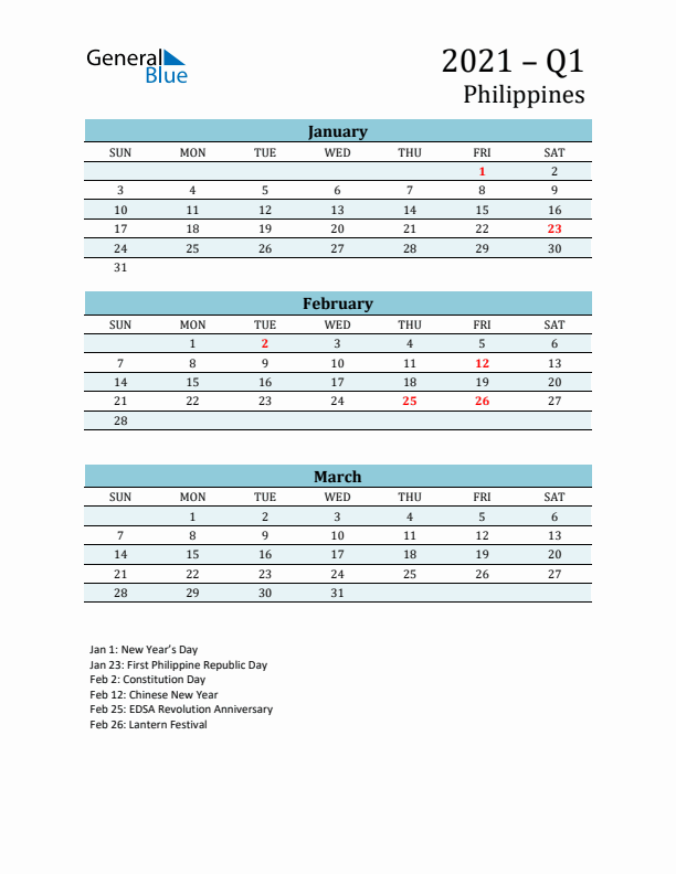 Three-Month Planner for Q1 2021 with Holidays - Philippines