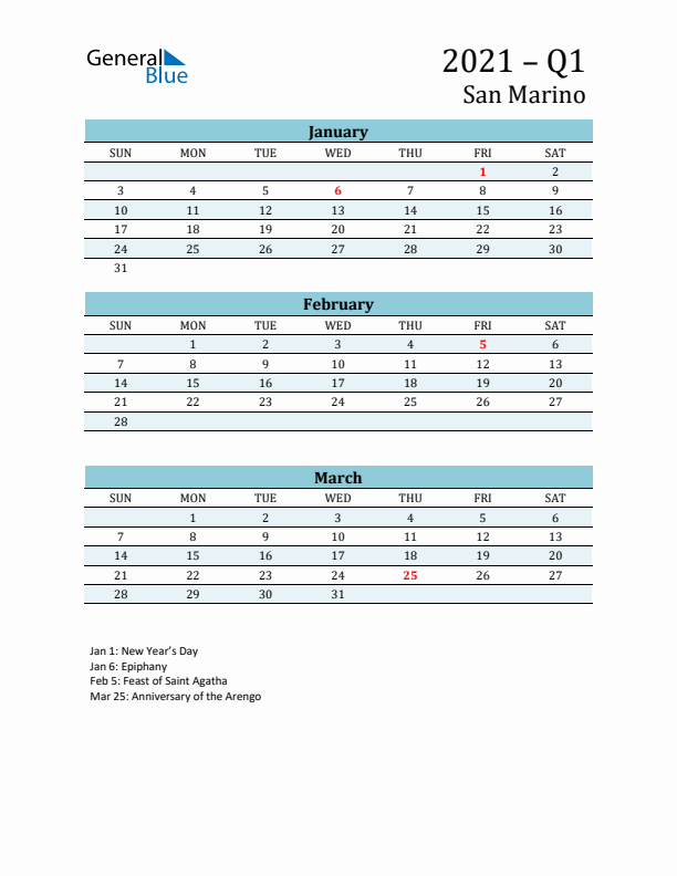 Three-Month Planner for Q1 2021 with Holidays - San Marino