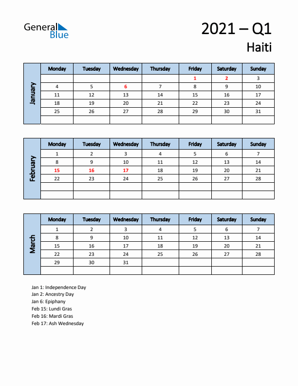 Free Q1 2021 Calendar for Haiti - Monday Start