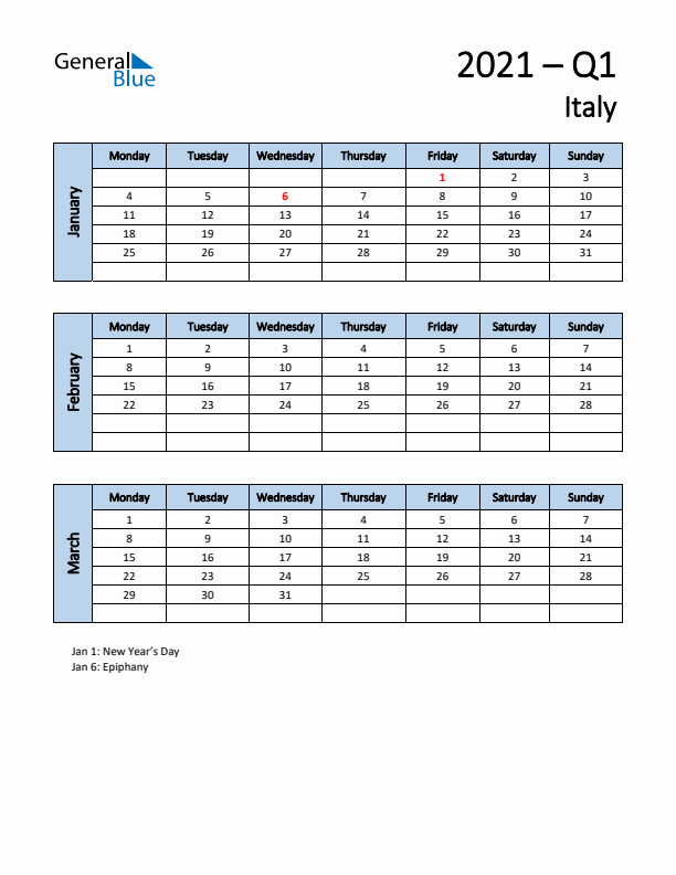 Free Q1 2021 Calendar for Italy - Monday Start