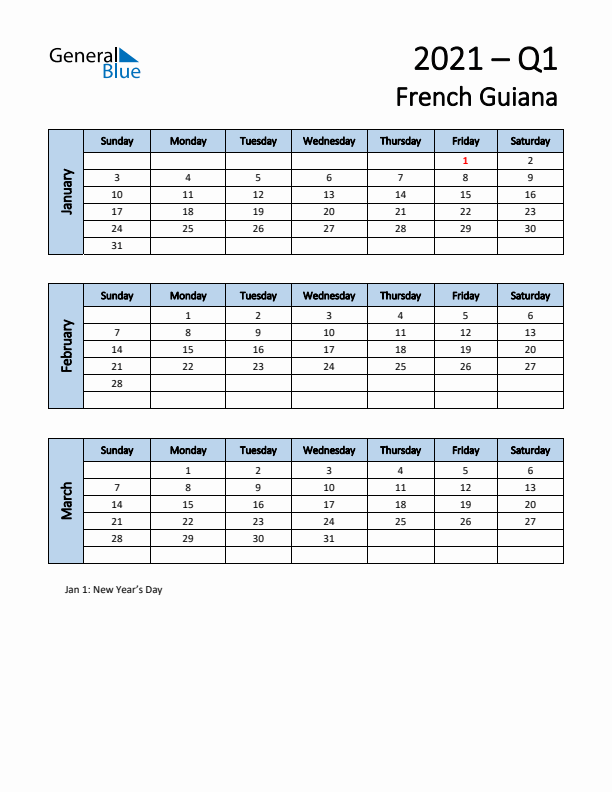 Free Q1 2021 Calendar for French Guiana - Sunday Start