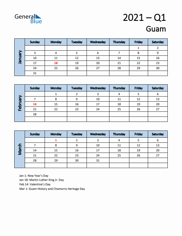 Free Q1 2021 Calendar for Guam - Sunday Start