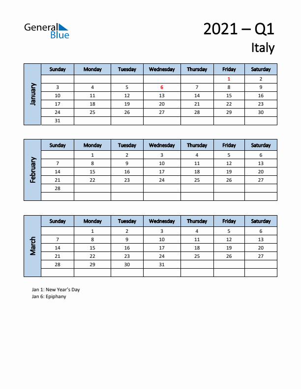 Free Q1 2021 Calendar for Italy - Sunday Start