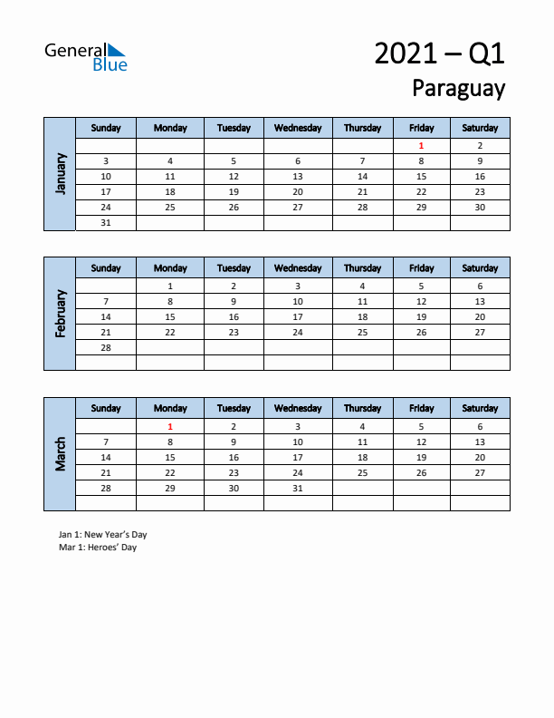 Free Q1 2021 Calendar for Paraguay - Sunday Start