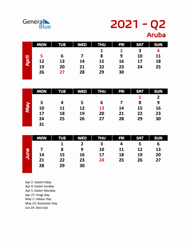 Q2 2021 Calendar with Holidays in Aruba