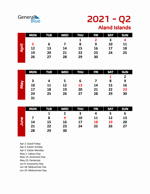 Q2 2021 Calendar with Holidays in Aland Islands