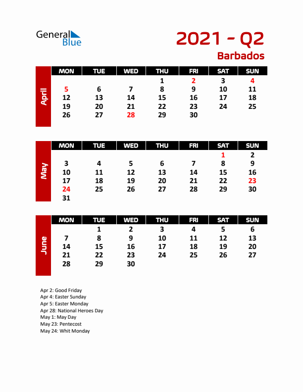 Q2 2021 Calendar with Holidays in Barbados