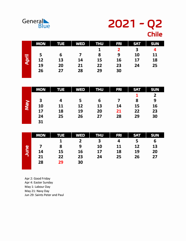 Q2 2021 Calendar with Holidays in Chile