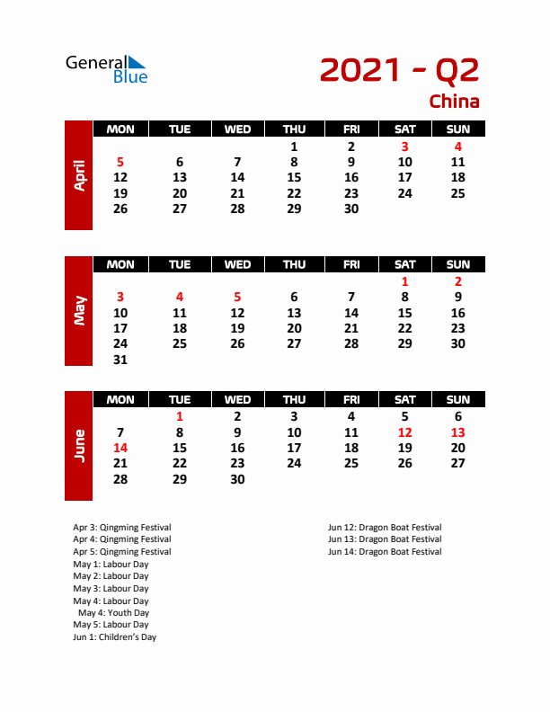 Q2 2021 Calendar with Holidays in China