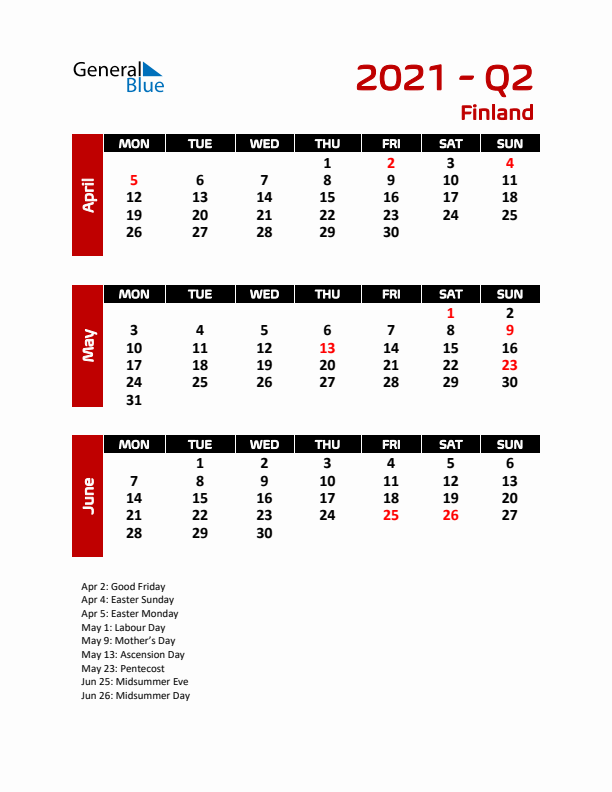 Q2 2021 Calendar with Holidays in Finland