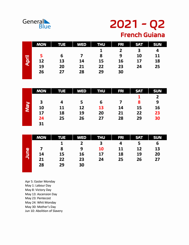 Q2 2021 Calendar with Holidays in French Guiana