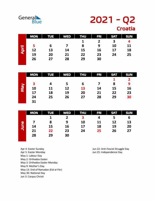 Q2 2021 Calendar with Holidays in Croatia