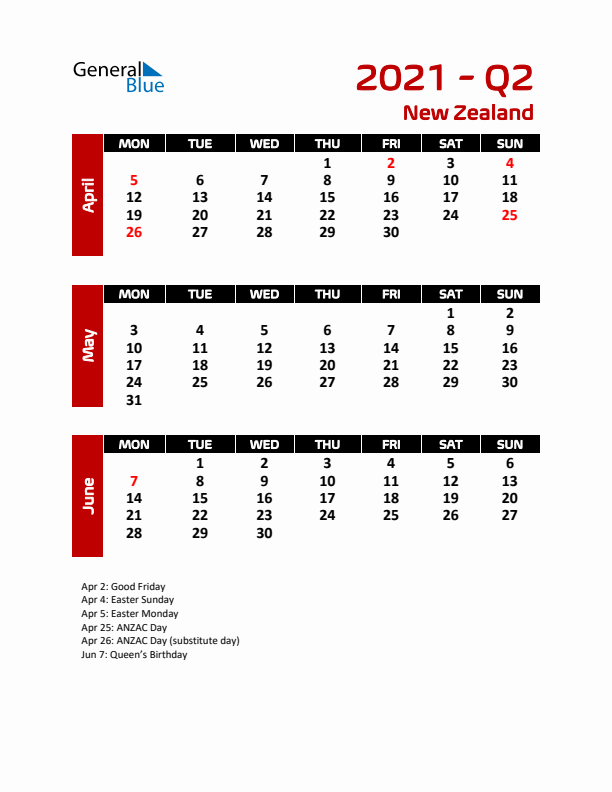 Q2 2021 Calendar with Holidays in New Zealand