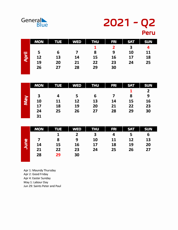 Q2 2021 Calendar with Holidays in Peru