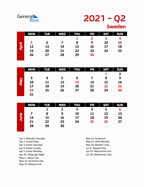 Q2 2021 Calendar with Holidays in Sweden