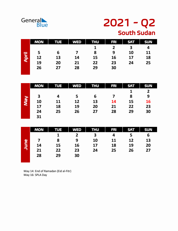 Q2 2021 Calendar with Holidays in South Sudan