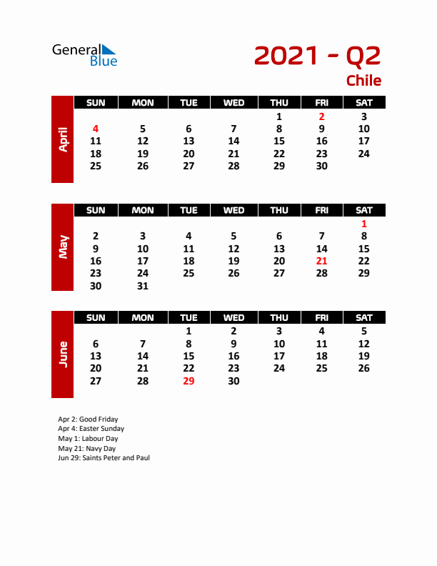 Q2 2021 Calendar with Holidays in Chile