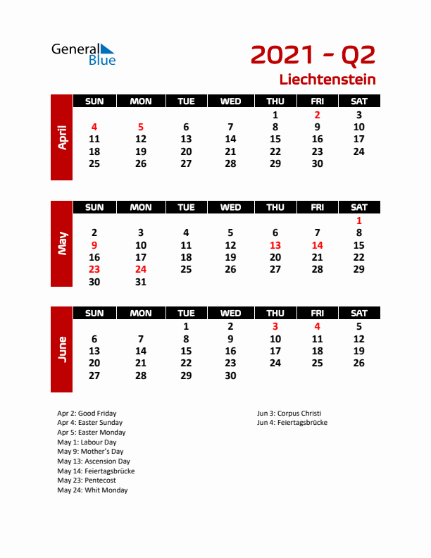 Q2 2021 Calendar with Holidays in Liechtenstein