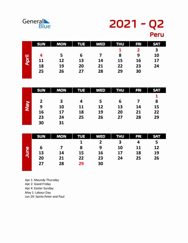 Q2 2021 Calendar with Holidays in Peru