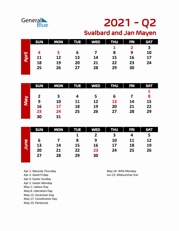 Q2 2021 Calendar with Holidays in Svalbard and Jan Mayen