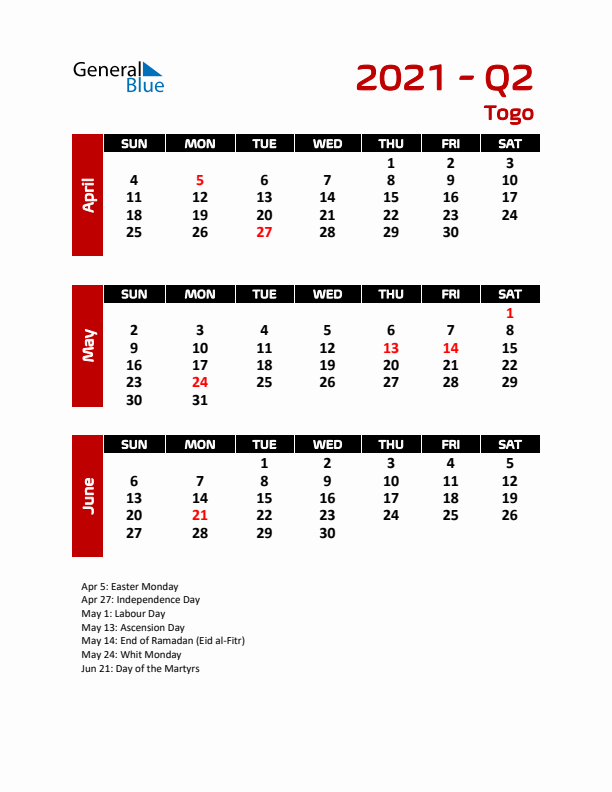 Q2 2021 Calendar with Holidays in Togo