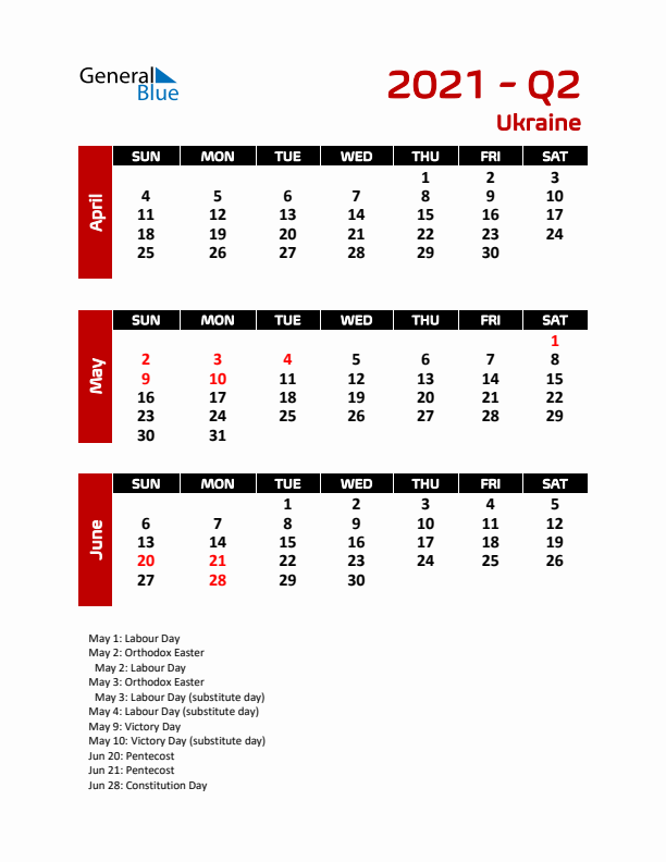 Q2 2021 Calendar with Holidays in Ukraine