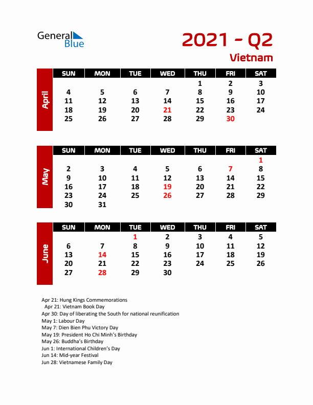 Q2 2021 Calendar with Holidays in Vietnam