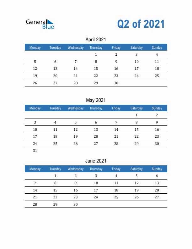 Fillable Quarterly Calendar for Q2 2021