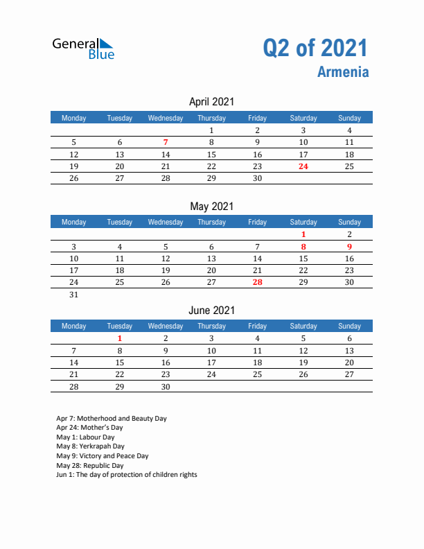 Armenia Q2 2021 Quarterly Calendar with Monday Start