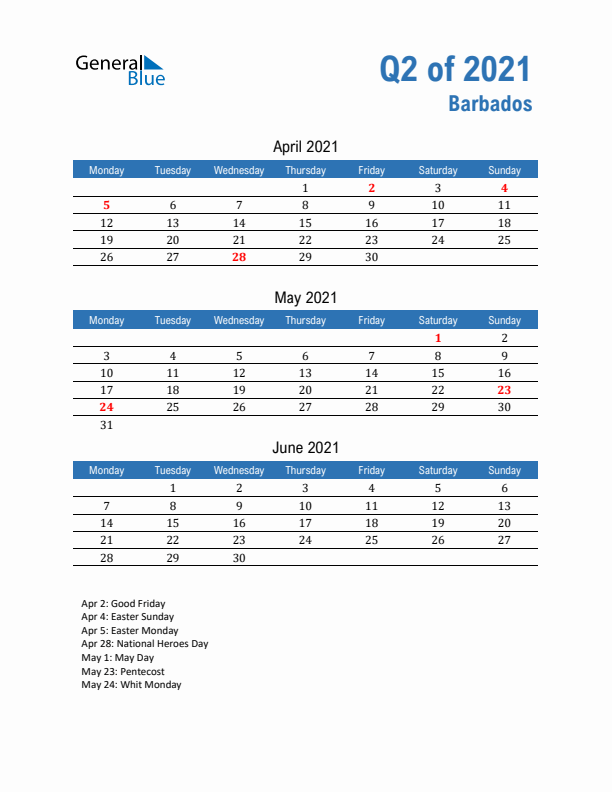 Barbados Q2 2021 Quarterly Calendar with Monday Start