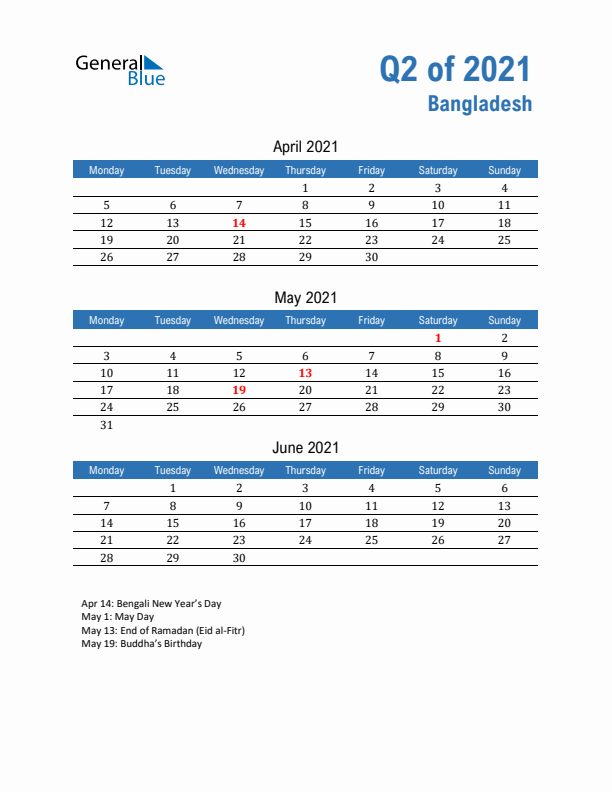 Bangladesh Q2 2021 Quarterly Calendar with Monday Start