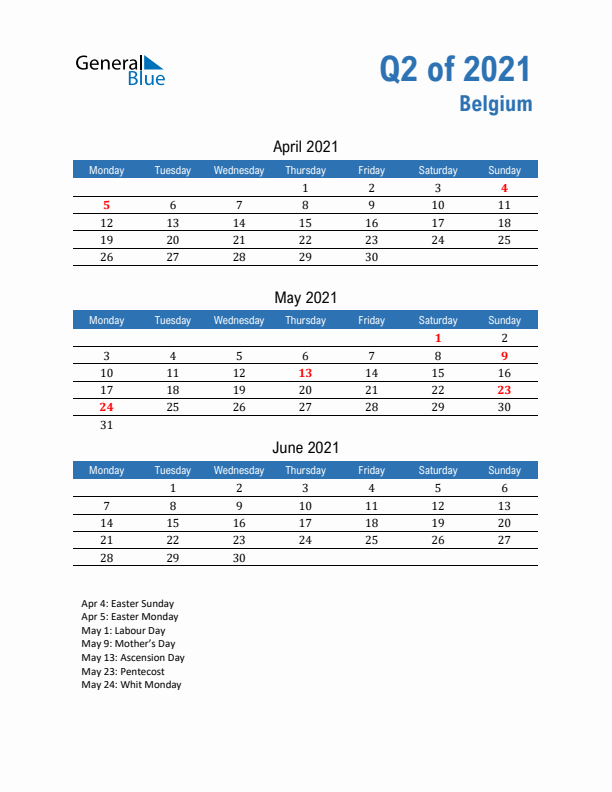 Belgium Q2 2021 Quarterly Calendar with Monday Start