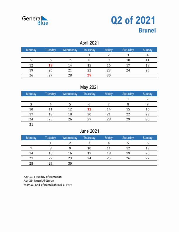 Brunei Q2 2021 Quarterly Calendar with Monday Start