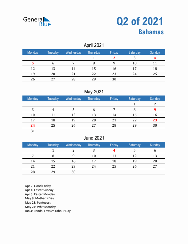 Bahamas Q2 2021 Quarterly Calendar with Monday Start