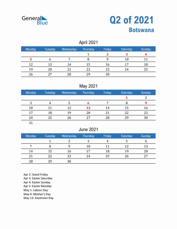 Botswana Q2 2021 Quarterly Calendar with Monday Start