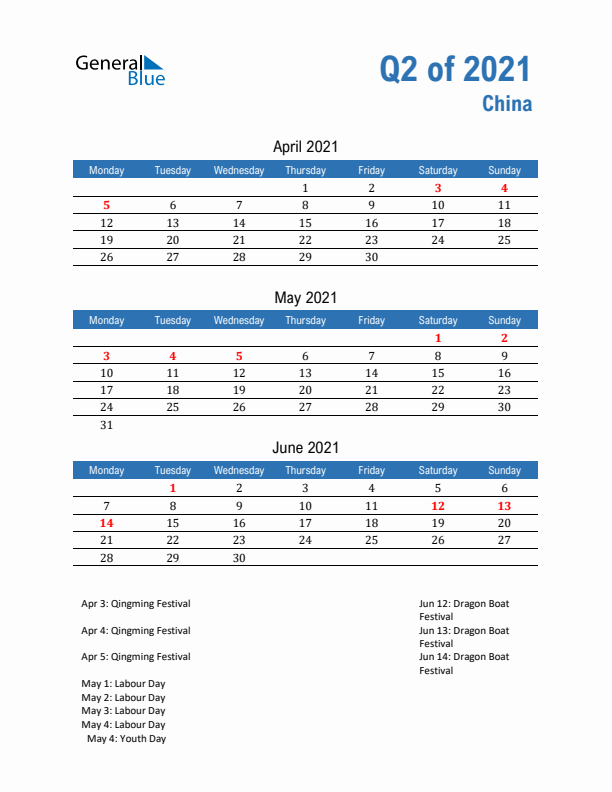 China Q2 2021 Quarterly Calendar with Monday Start