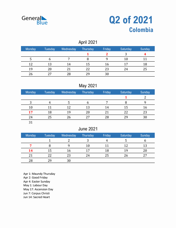 Colombia Q2 2021 Quarterly Calendar with Monday Start