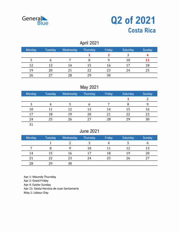 Costa Rica Q2 2021 Quarterly Calendar with Monday Start