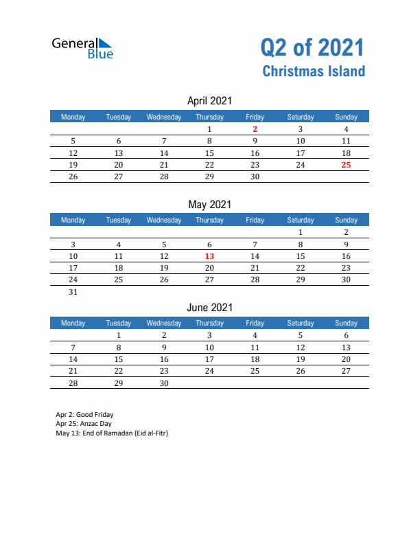 Christmas Island Q2 2021 Quarterly Calendar with Monday Start