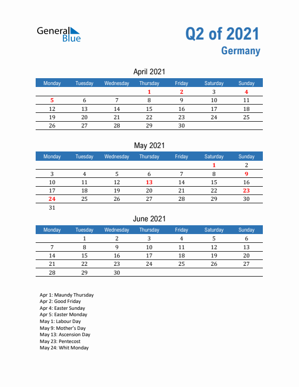 Germany Q2 2021 Quarterly Calendar with Monday Start