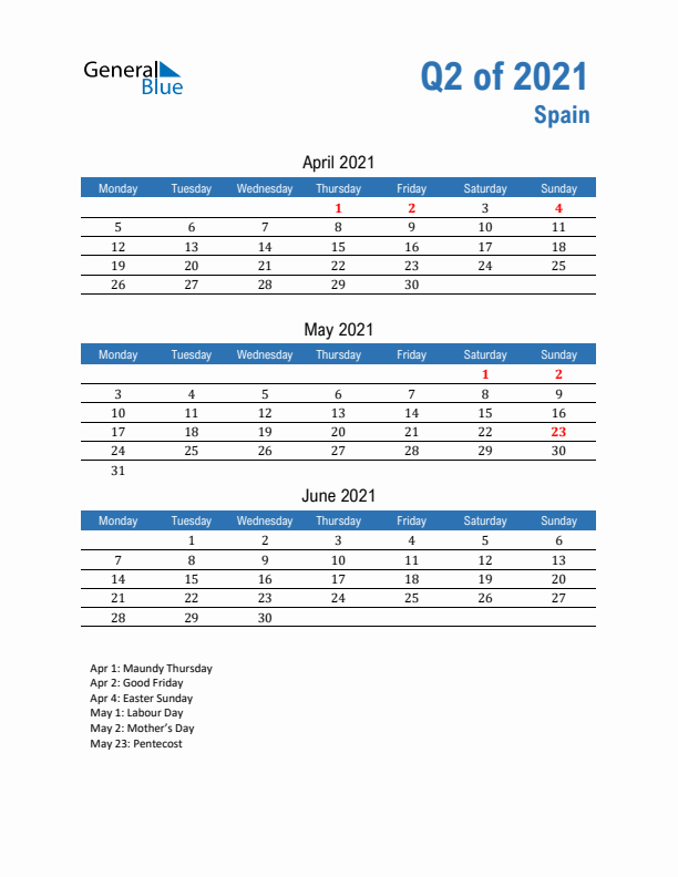 Spain Q2 2021 Quarterly Calendar with Monday Start