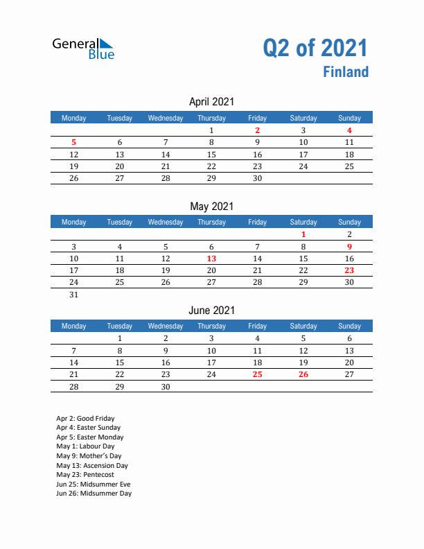 Finland Q2 2021 Quarterly Calendar with Monday Start